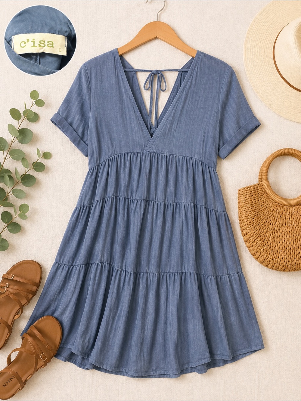 C'isa Blue Tiered V-Neck Mini Dress with Back Tie